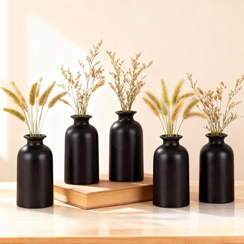Black Ceramic Bud Vases Set of 6 – 5in Small Vases for Dry Flowers or House Plants, Modern Boho Decorative Vases for Wedding, Home, Table Centerpieces, Mantel or Office Decor