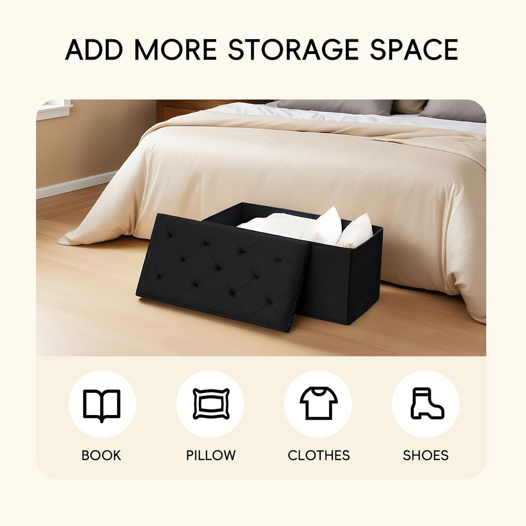 PINPLUS Velvet Storage Ottoman Bench with Foot Rest, Large Long Folding Shoes Stool, Sturdy Space-Saving Furniture for Bedroom Living Room, Black, 30"x15"x15"