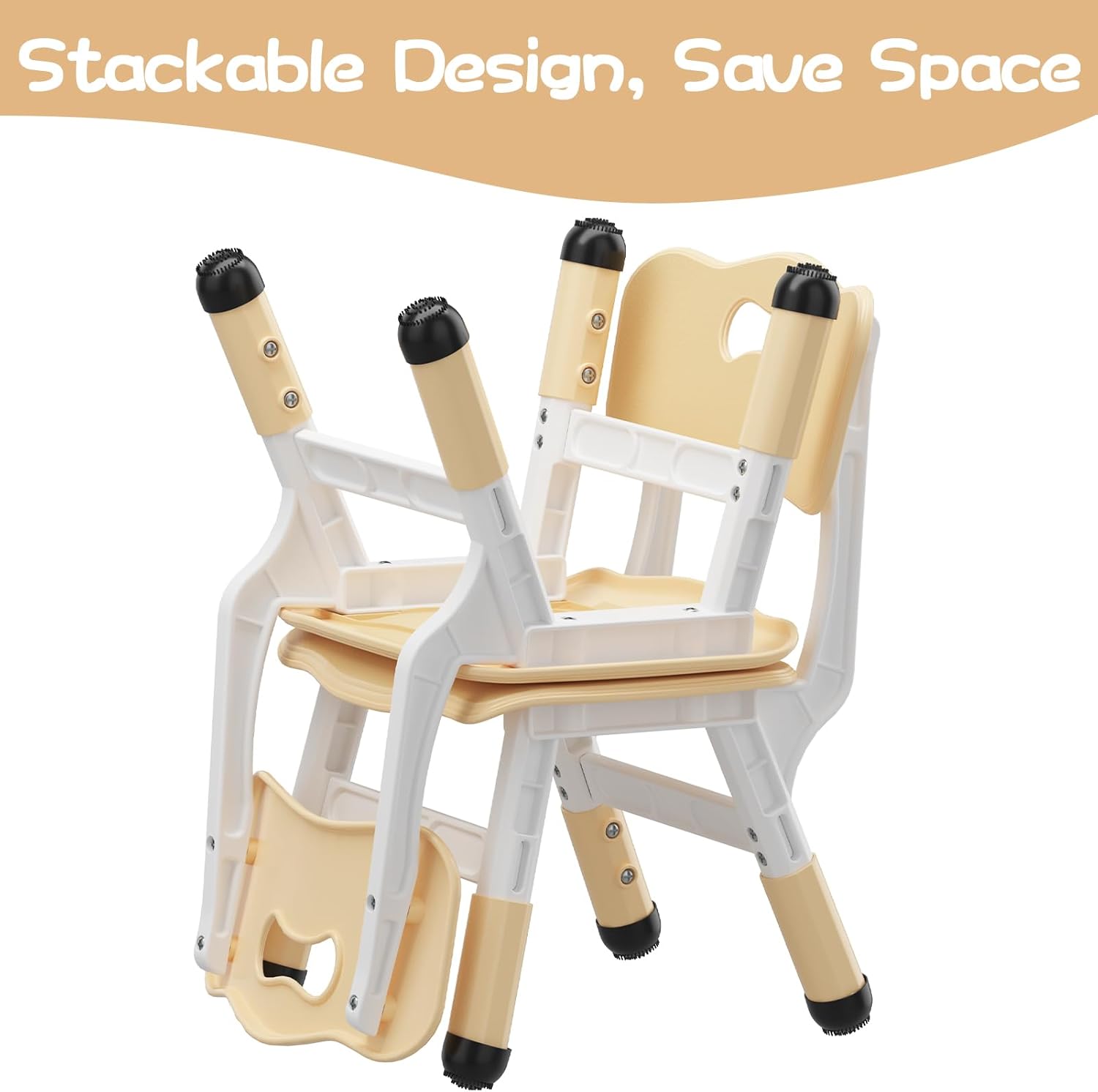 2 Pack Adjustable Kids Chair, 3 Height Levels Plastic Toddler Chair with Non-Slip Feet, 220lbs Load Capacity, Indoor Outdoor Home Kindergarten Chair for 3-8 Years Old-Natural