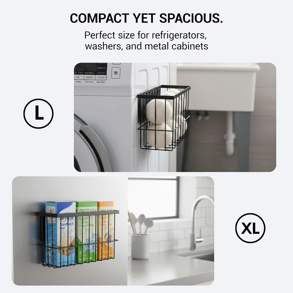 2 Pcs Magnetic Basket Fridge Dryer Ball Holder for Laundry Room Organization and Storage, Magnetic Lint Bin Home Organization for Laundry Room, Kitchen & Office Class School (Black, L&XL-2pcs)