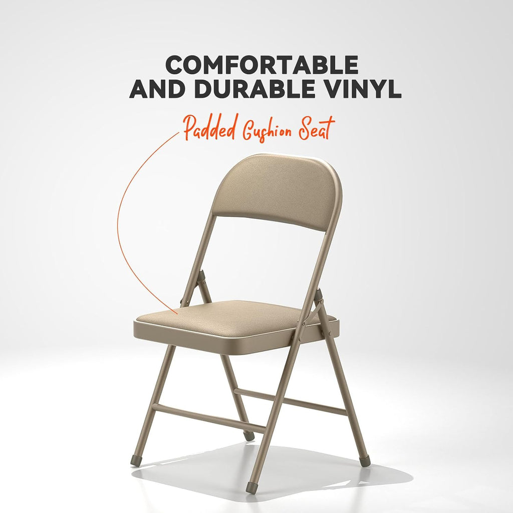 Nazhura Folding Chairs with Padded Vinyl Cushion Chairs with Comfortable Cushion and Durable Steel Frame for Home and Office, for Indoor and Outdoor Events (Kahki, Vinyl, 4 Pack)