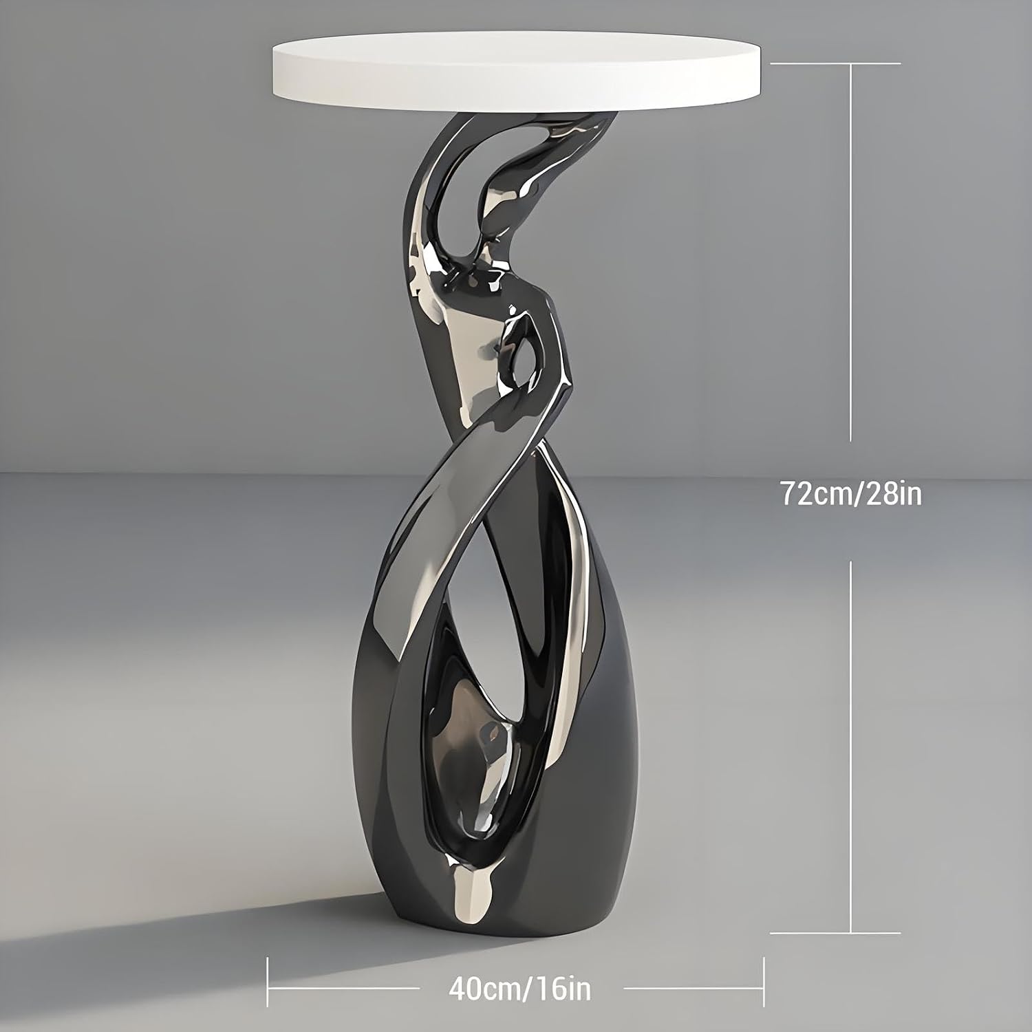 Resin Round End Table with Wood Top, Abstract Sculpture Side Table Modern Art Decor Accent Table for Living Room & Bedroom, Brown
