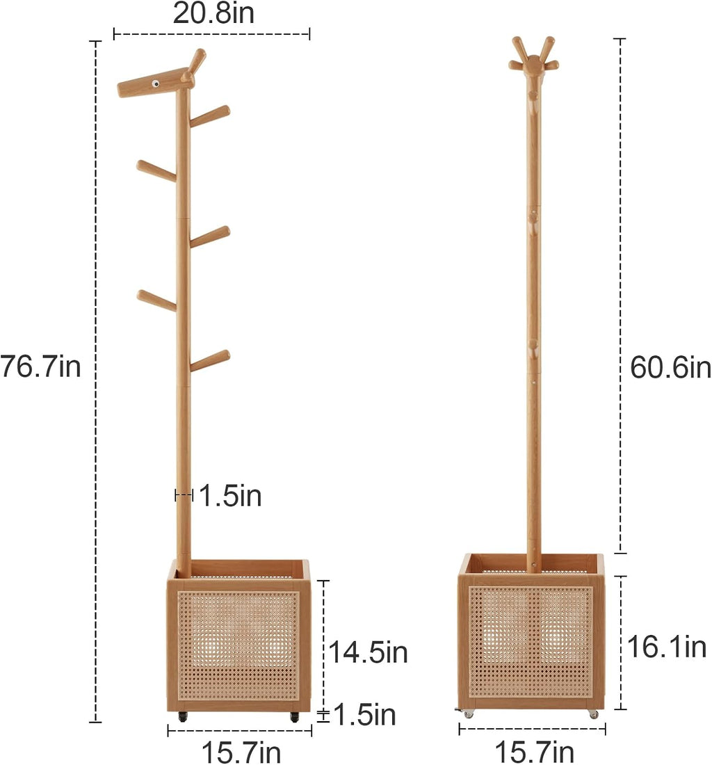 AQIMUELE Narrow Coat Rack，Coat Tree with Storage，Wooden Coat hanger with 6 Hook for Entrance, Bedroom, Living Room，Kids Coat Rack(Natural)