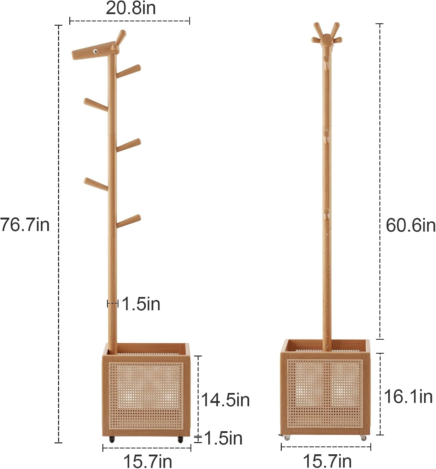 AQIMUELE Narrow Coat Rack，Coat Tree with Storage，Wooden Coat hanger with 6 Hook for Entrance, Bedroom, Living Room，Kids Coat Rack(Natural)