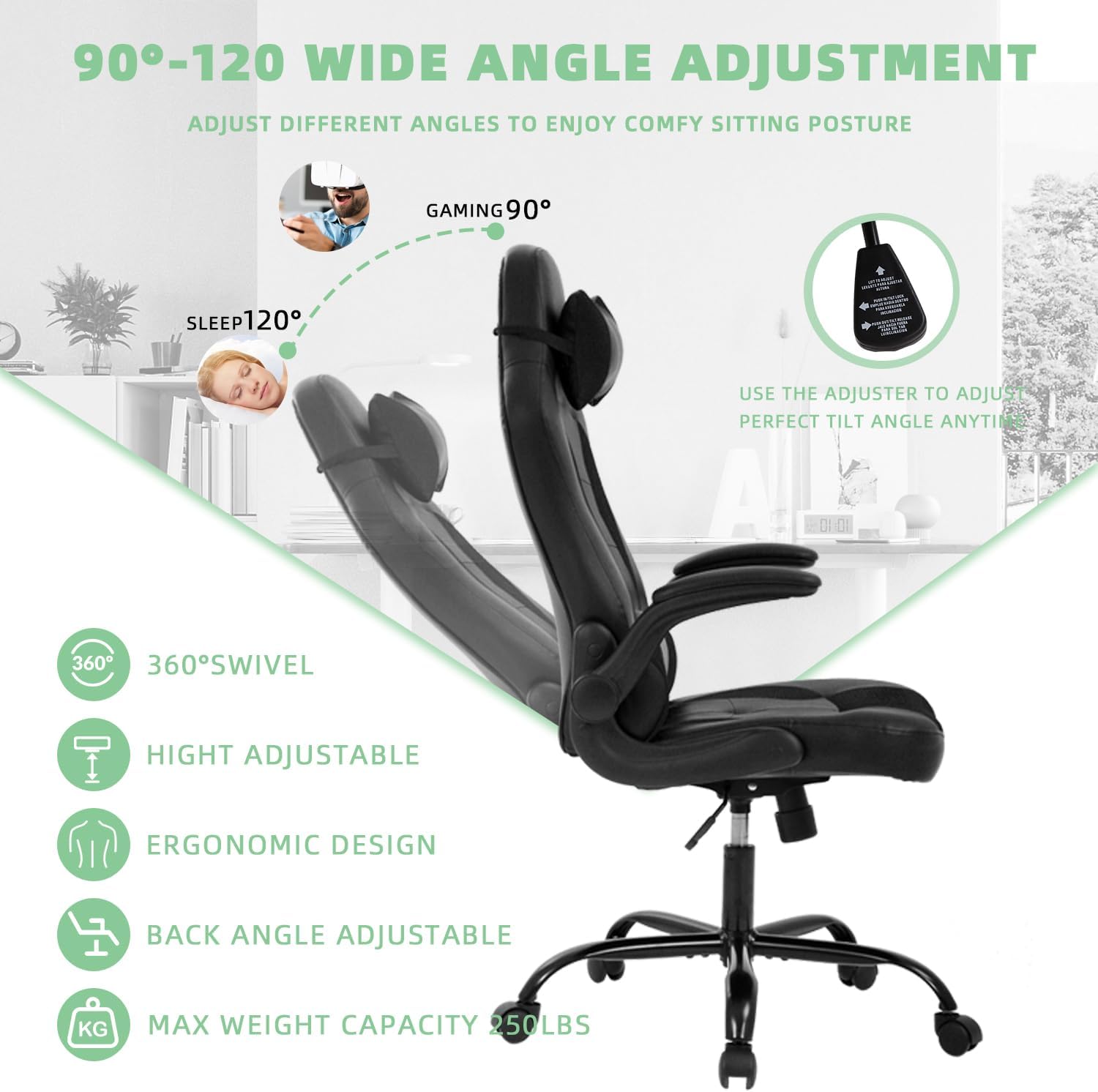 Video Gaming Chair,Ergonomic Computer Office Desk Chair with Comfy Lumbar Support, PU Leather Recliner with Headrest, Fixed Up Armrest, Height Adjustable with 360° Swivel for Adults Gaming,Black