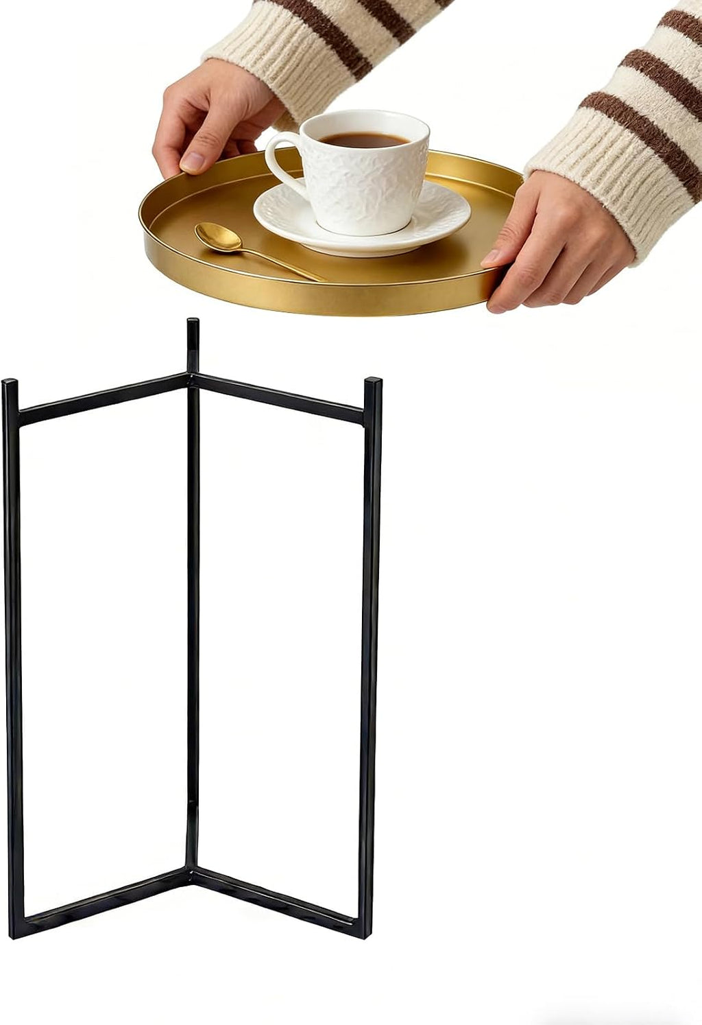 DDK 16" Round Side Table, Removable Gold Tray Top Metal End Table, Modern Small Nightstand Accent Table for Living Room Bedroom Nursery Bathroom Small Spaces