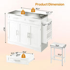 Concho 56'' Rolling Kitchen Island with Seating and Stainless Steel Countertop, Mobile Kitchen Carts with Folding Drop Leaf, 2 Bar Stools, Power Outlet, Spice/Towel Rack, Zircon White