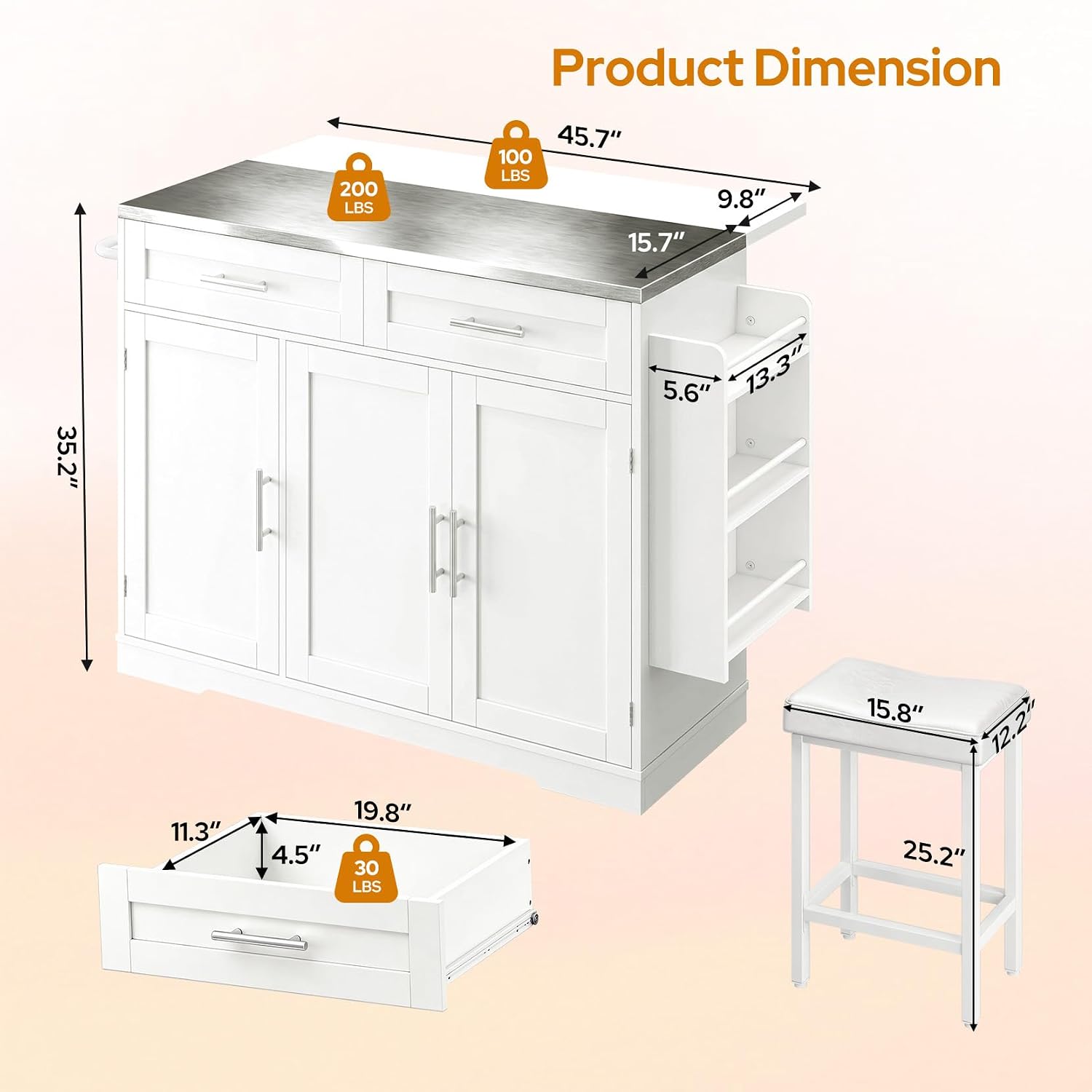 Concho 56'' Rolling Kitchen Island with Seating and Stainless Steel Countertop, Mobile Kitchen Carts with Folding Drop Leaf, 2 Bar Stools, Power Outlet, Spice/Towel Rack, Zircon White