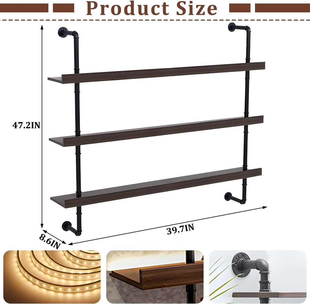 Solid Wood Wall Mounted Wine Rack, Large Bar Shelf with Led Light, 3-Tiers Floating Bar Shelves, Industrial Pipe Bar Shelf, for Home Bar, Dining Room & Kitchen (100cm/39.7in)