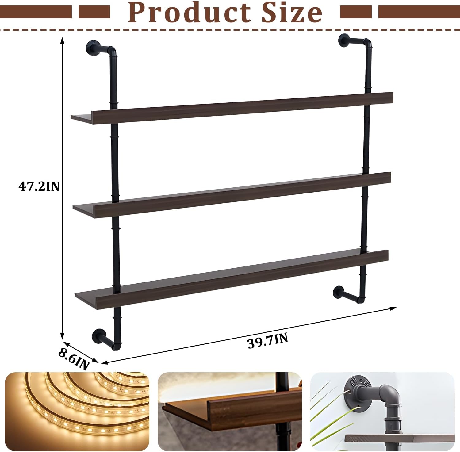 Solid Wood Wall Mounted Wine Rack, Large Bar Shelf with Led Light, 3-Tiers Floating Bar Shelves, Industrial Pipe Bar Shelf, for Home Bar, Dining Room & Kitchen (100cm/39.7in)