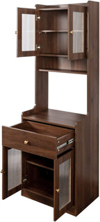 Tall Kitchen Pantry Hutch Cabinet with Glass Doors, 71" Wooden Storage Cabinet with Drawer and Shelves, Walnut Buffet Sideboard for Dining Room & Kitchen Organization