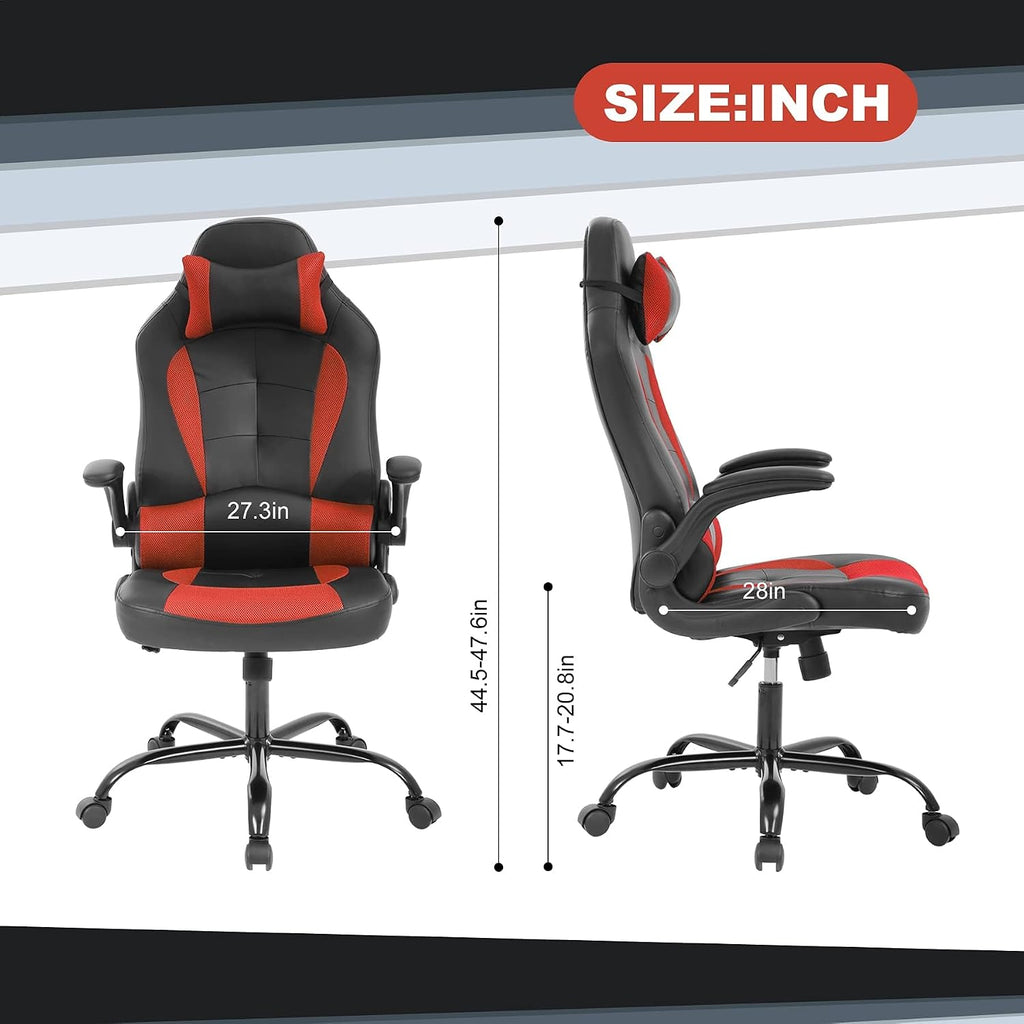 Gaming Desk Chair PC Gaming Chair Gamer Chair, Comftorable Ergonomic PU Leather Computer Office Chair with Lumbar Support Flip Up Arms, High Back Executive Gaming Stuff for Girl Kids Adults (Red)