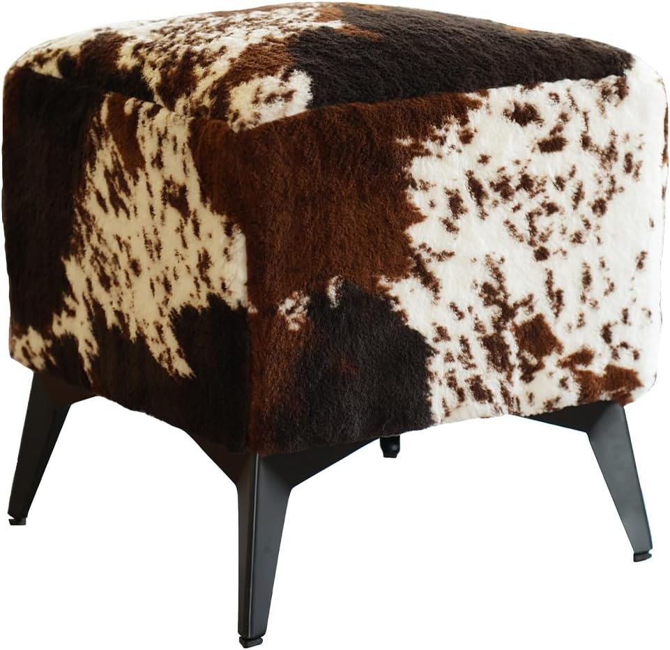 Faux Cowhide Ottoman, Upholstered Foot Stool - 16 x 16 x 17 Inches, Cube Footrest with Solid Metal Legs for Living Room, Bedroom & Entryway(Tricolor)