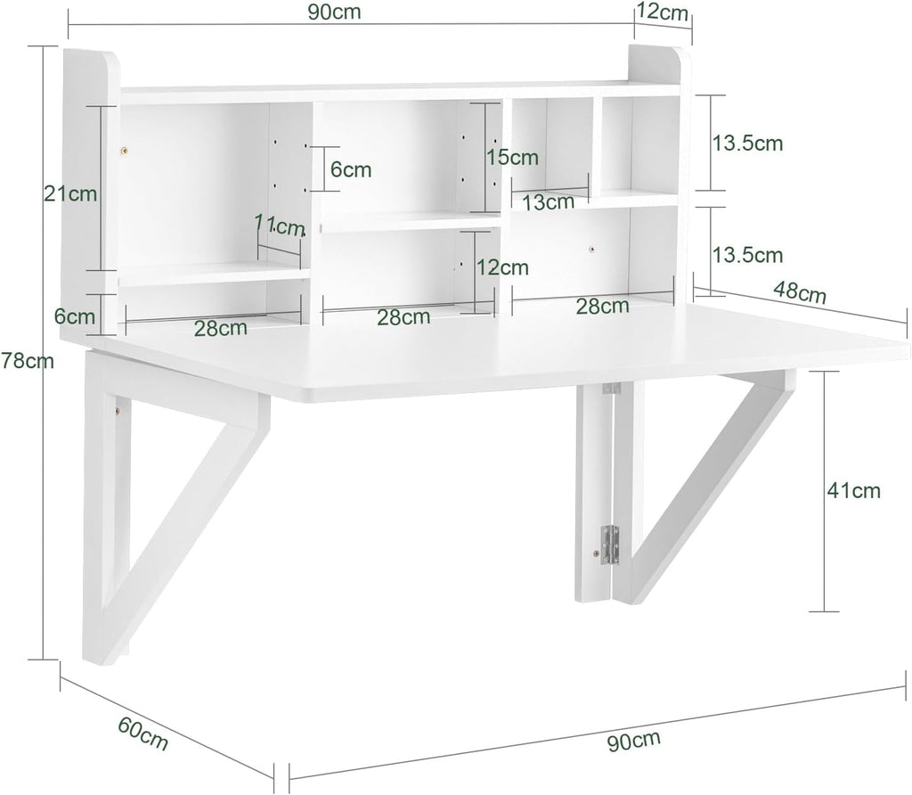 SoBuy Wall Mounted Folding Table | Floating Desk for Small Spaces, Fold Down Workstation Table with Adjustable Shelf for Home, Office, Bedroom, White
