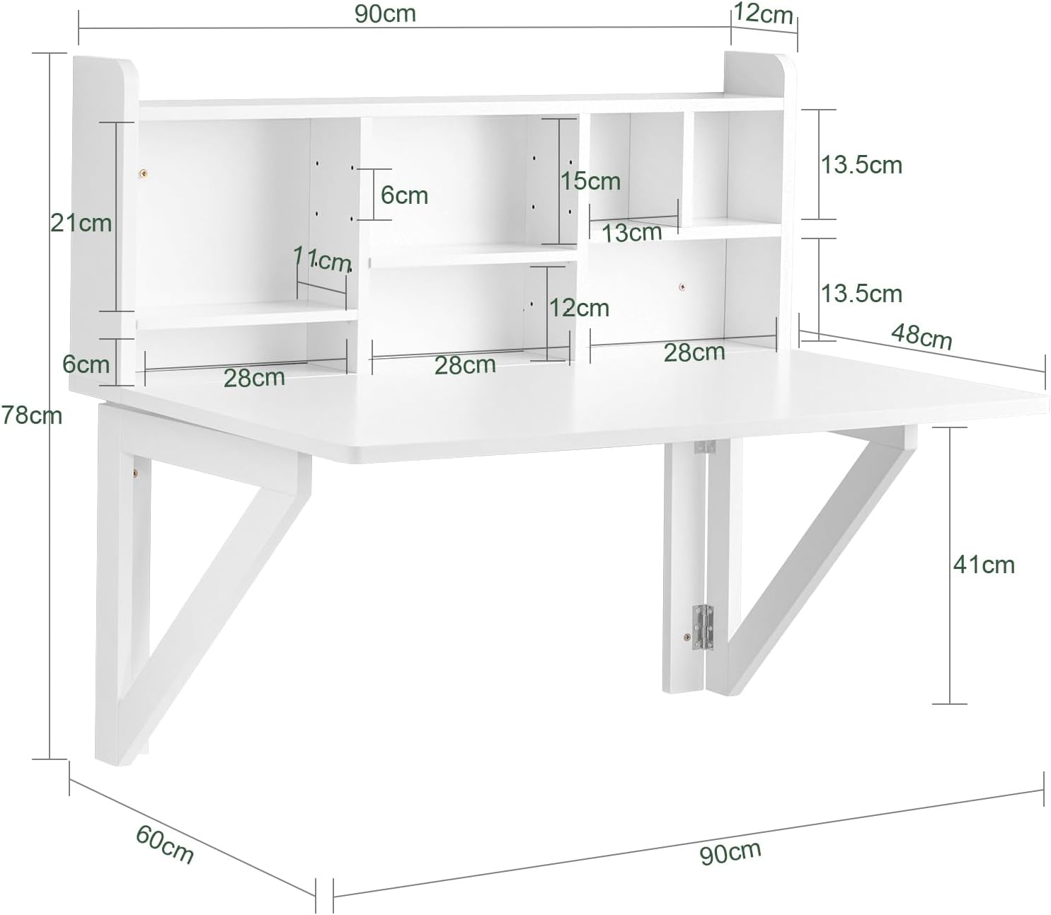 SoBuy Wall Mounted Folding Table | Floating Desk for Small Spaces, Fold Down Workstation Table with Adjustable Shelf for Home, Office, Bedroom, White