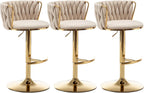 Riknuxi Velvet Bar Stools Set of 3, Counter Height Bar Chairs with Low Back, Gold Swivel Bar Stools for Kitchen Island, Pub (Beige)
