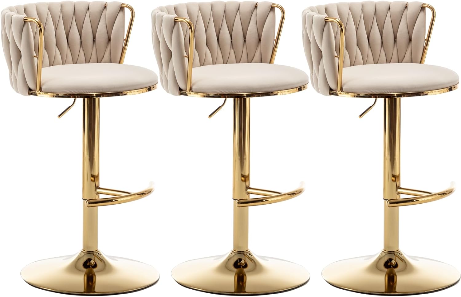 Riknuxi Velvet Bar Stools Set of 3, Counter Height Bar Chairs with Low Back, Gold Swivel Bar Stools for Kitchen Island, Pub (Beige)