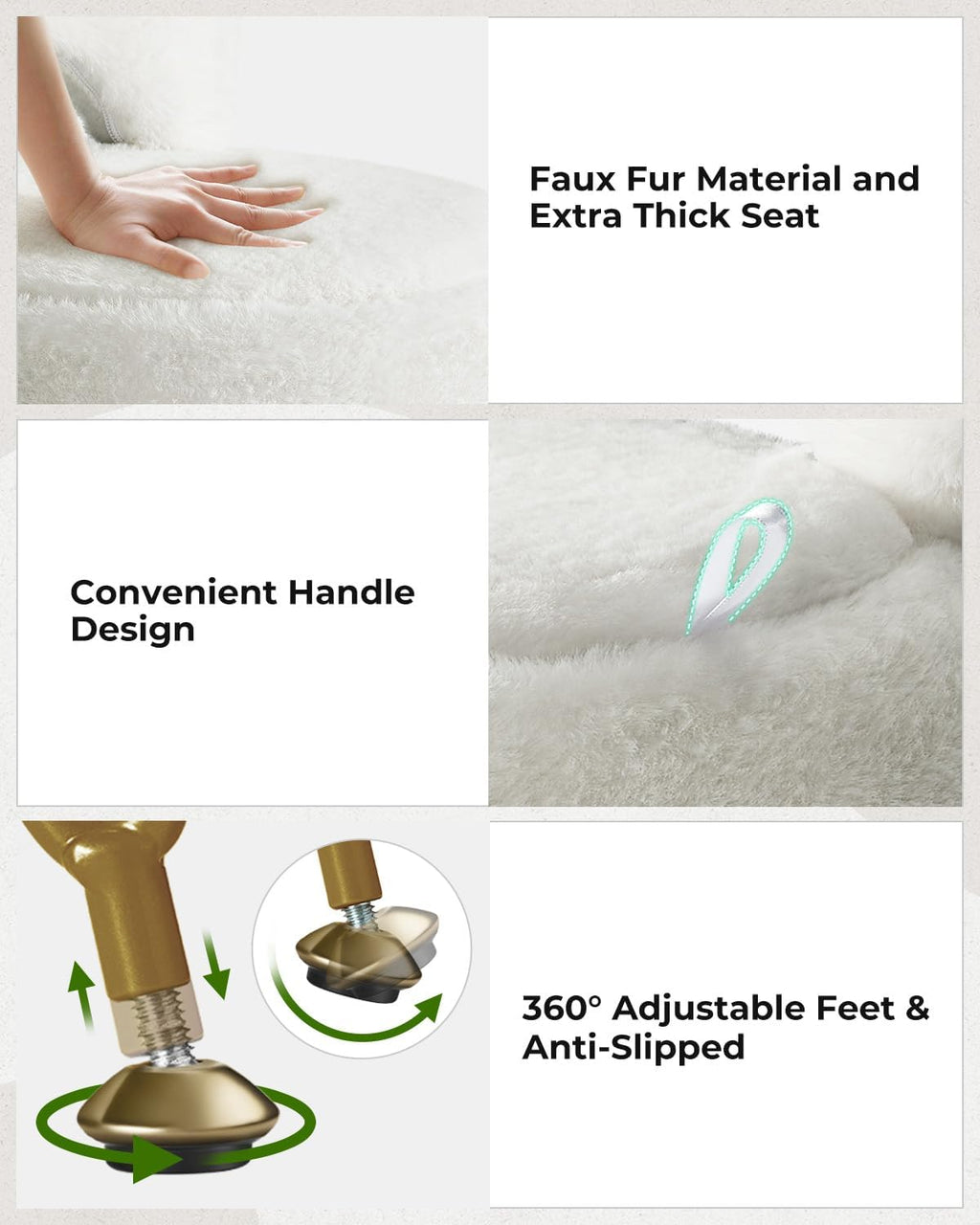 GREENSTELL Small Vanity Stool Chair with Storage and Folding Back, 13" x 13" x 17.7" Faux Fur Soft Ottoman for Teenager, 4 Metal Legs with Anti-Slip Feet, Furry Padded Seat for Makeup, Bedroom, White