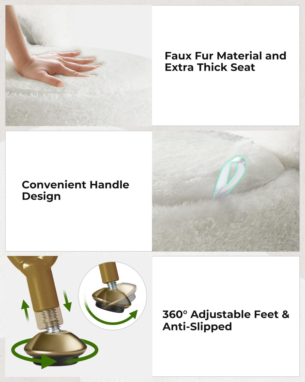GREENSTELL Small Vanity Stool Chair with Storage and Folding Back, 13" x 13" x 17.7" Faux Fur Soft Ottoman for Teenager, 4 Metal Legs with Anti-Slip Feet, Furry Padded Seat for Makeup, Bedroom, White