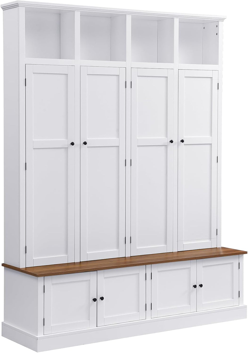 LUMISOL Farmhouse Hall Tree with Bench and Shoe Storage, Entryway Bench with Coat Rack, Hooks, 8 Cabinets & 4 Top Cubbies for Mudroom, Entrance, Hallway, White