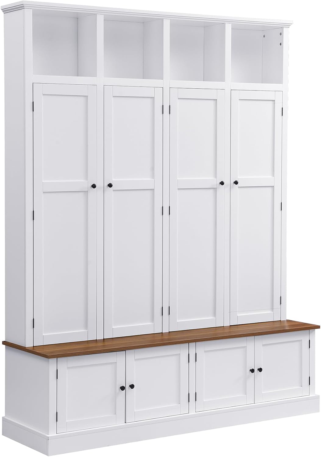 LUMISOL Farmhouse Hall Tree with Bench and Shoe Storage, Entryway Bench with Coat Rack, Hooks, 8 Cabinets & 4 Top Cubbies for Mudroom, Entrance, Hallway, White