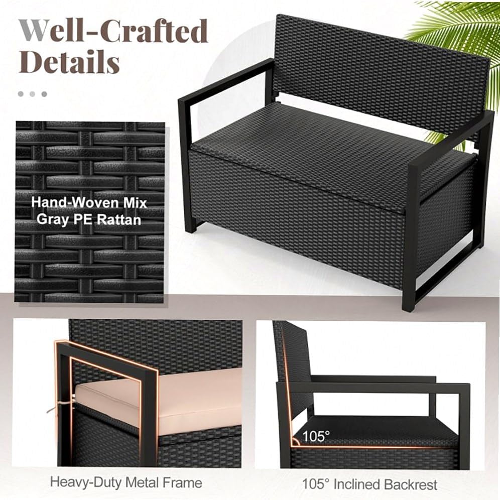 Outdoor Storage Bench PE Rattan Woven Rattan Pattern Brown 24.5x46x33.5in 40Gal Compartment 800lb Capacity Seat Cushion Included