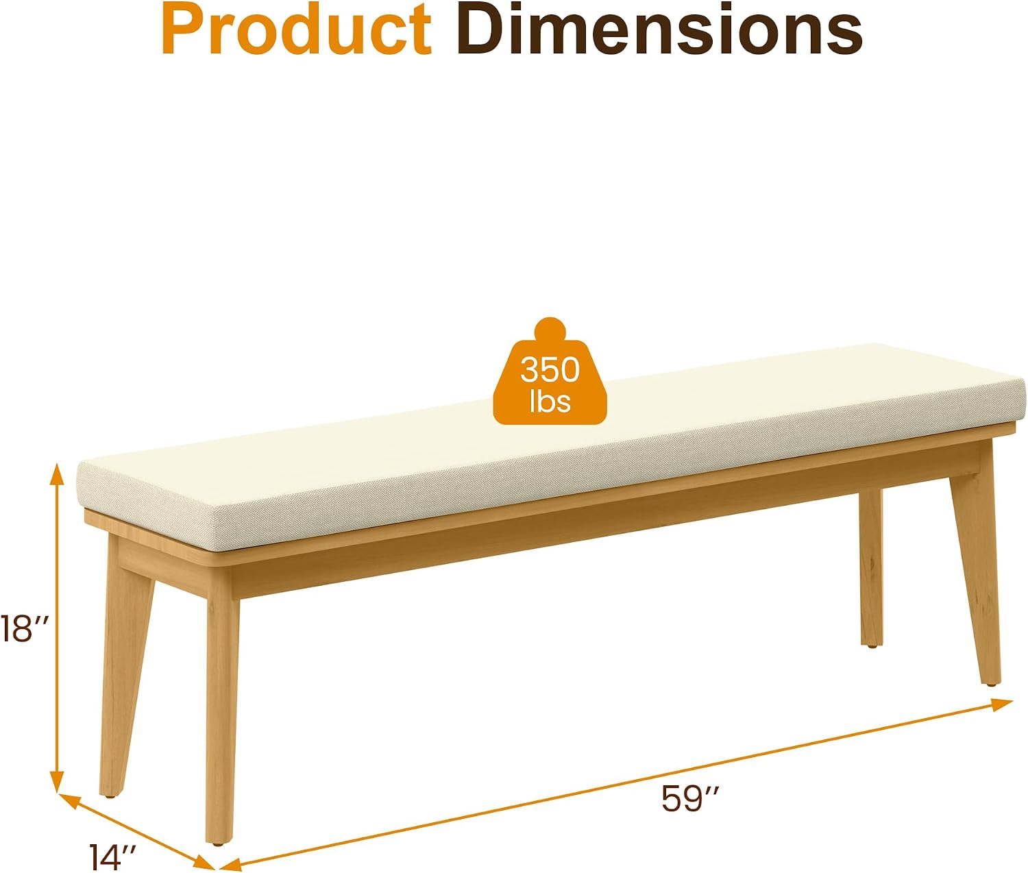Wisteria Lane Acacia Outdoor Bench with Removable and Washable Cushion, 59" L×15.82" W Porch Bench, All-Weather Solid Wood Outside Chair for Proch Garden, Lawn