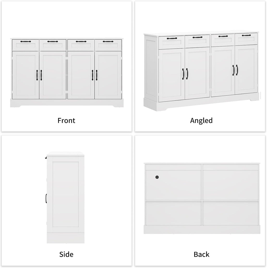 58.7 Inch Sideboard Buffet Cabinet, White Storage Credenza with Charging Station, 4 Drawers & 4 Doors Coffee Bar Cabinet, Modern Console Cabinet for Kitchen Living Room Hallway