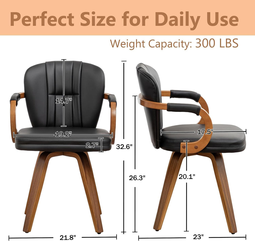Swivel Dining Chairs Set of 2 Mid Century Modern Black Faux Leather Upholstered Kitchen Chairs with Bentwood Frame Armrests Side Chairs,Comfortable Ergonomic Wood Accent Chair No Wheels