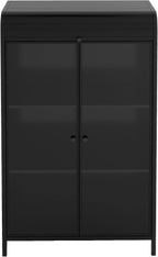 KEIKI 47.6" Tall Kitchen Pantry, Modern 4-Tier Sideboard Buffet Cabinet with Figured Glass Doors & Flip Top & Open Shelves, Industrial Metal Organizer for Living Room & Kitchen
