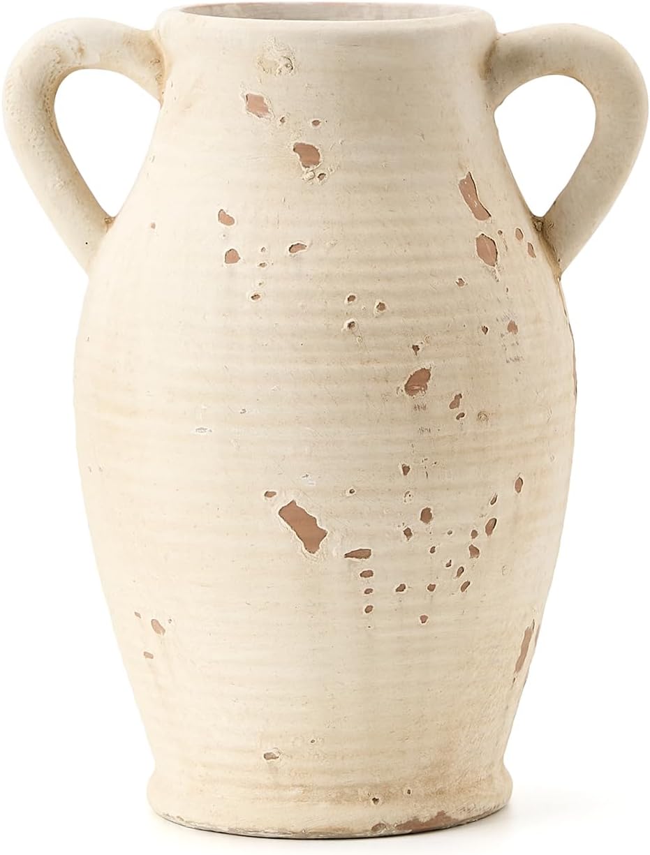 Vaseking Large Ceramic Rustic Vase with 2 Handles, 9.8 inch Farmhouse Distressed Flower Vase for Home Decor, Living Room, Shelf Decor, Pampas Grass, Enterway, Table Decoration, Gift, White