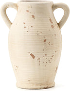 Vaseking Large Ceramic Rustic Vase with 2 Handles, 9.8 inch Farmhouse Distressed Flower Vase for Home Decor, Living Room, Shelf Decor, Pampas Grass, Enterway, Table Decoration, Gift, White
