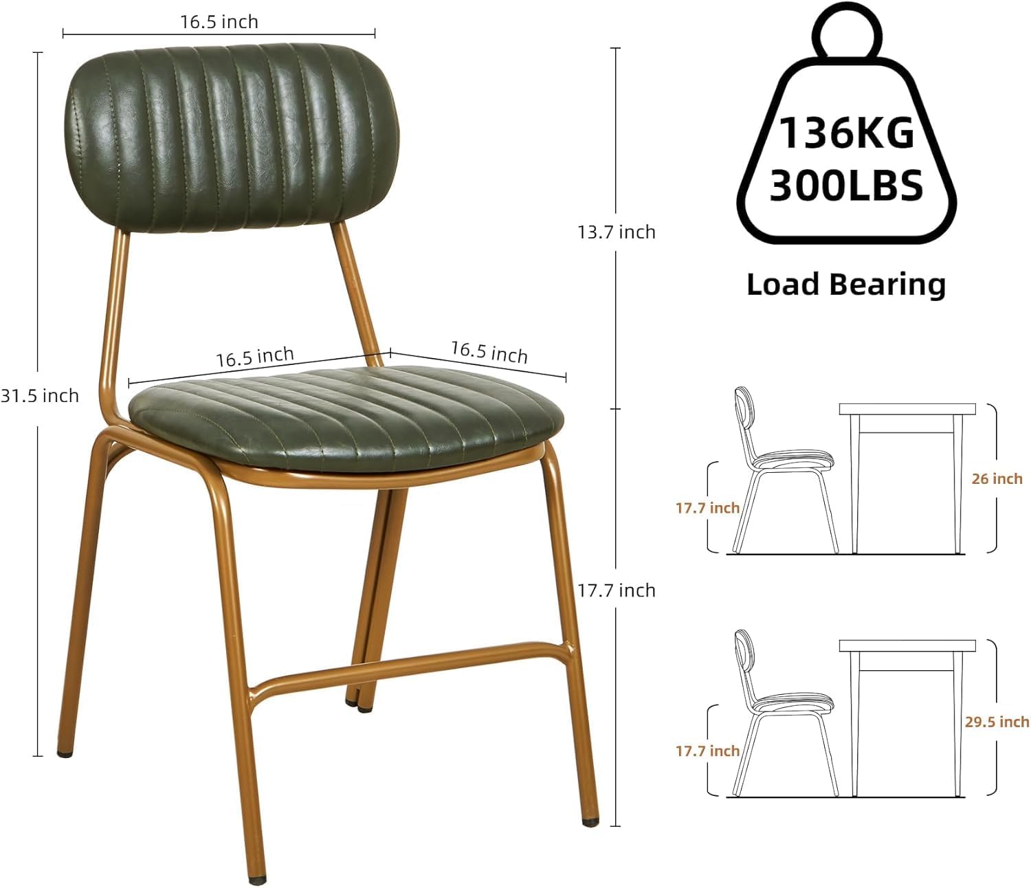 Mid Century Modern Dining Chairs Set of 4, Retro Chair with Faux Leather Upholstered Seat/Backrests & Vintage Distressing Metal Legs & Leg Protectors for Kitchen Dining Room (Dark Green)