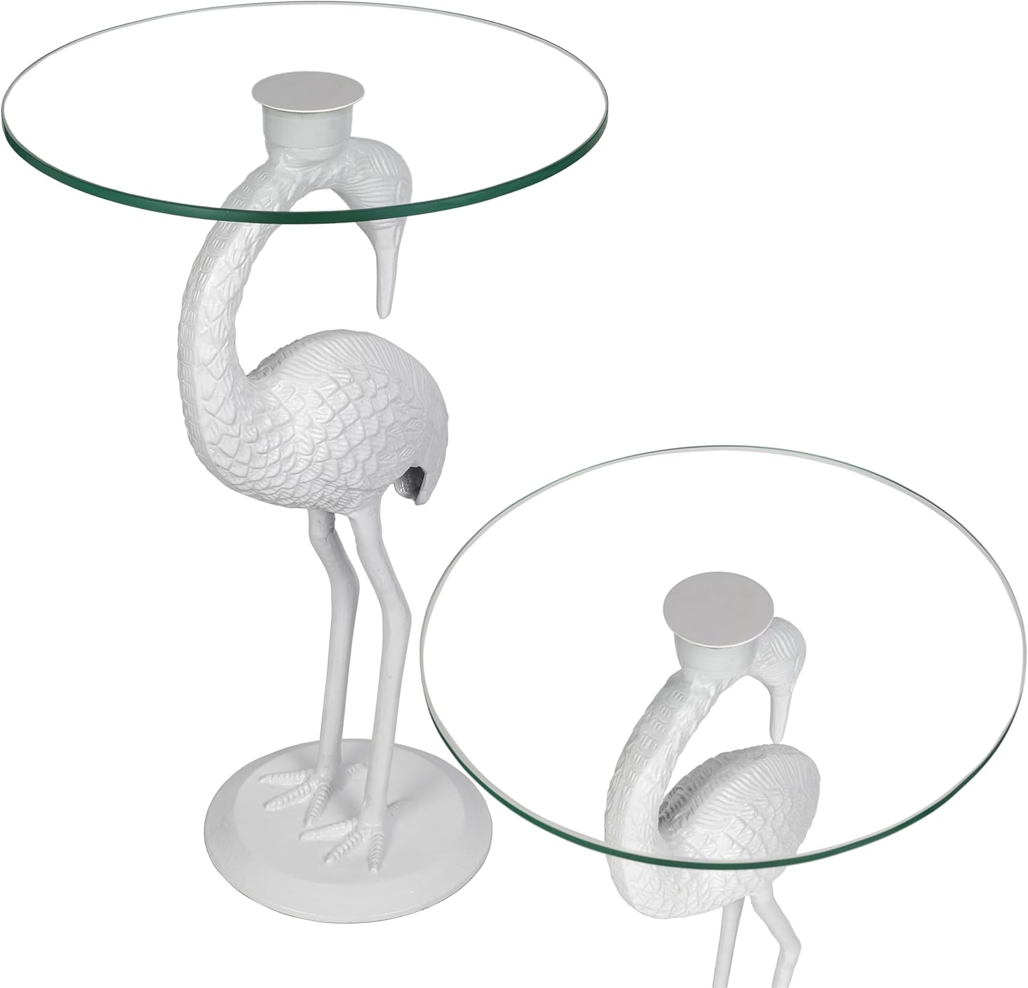 JONATHAN Y Blanche 25" White Iron and Glass Flamingo End Table with Sculptural Base, Round Accent Side Table for Living Room, Bedroom, Coastal Decor, White END1006C