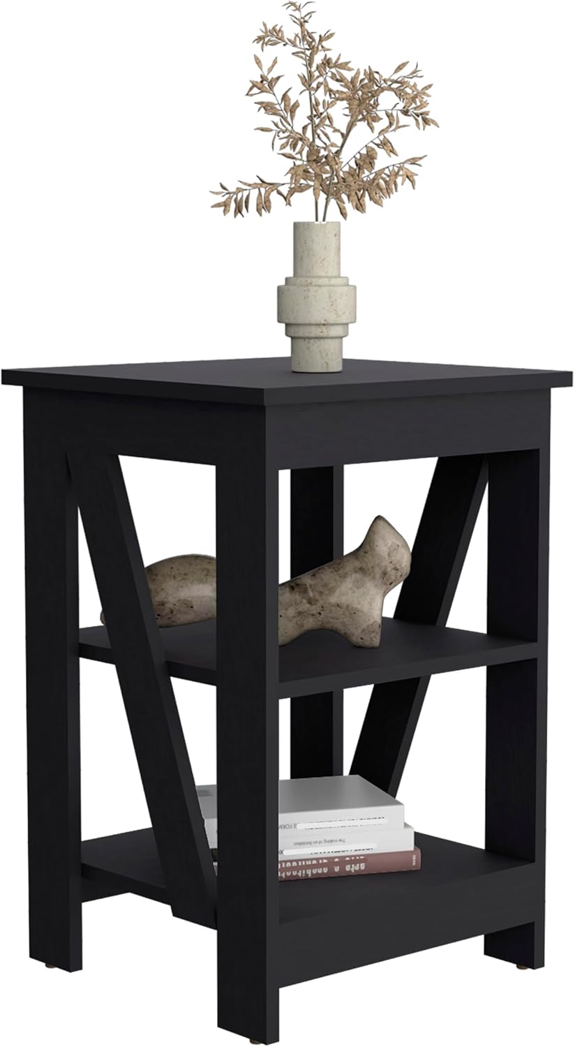 3-Tier End Table Modern Design: Black Wooden Side Table with Slanted Support - Compact 15.7x15.7 Inch for Small Studio Office & Workspace Storage Solution