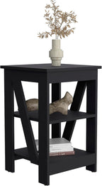 3-Tier End Table Modern Design: Black Wooden Side Table with Slanted Support - Compact 15.7x15.7 Inch for Small Studio Office & Workspace Storage Solution