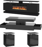 4-Piece Modern Living Room Table Set, Includes High Gloss 70" Fireplace TV Stand, 47" LED Coffee Table and 15" End Tables Set of 2 with Storage Drawers, Black
