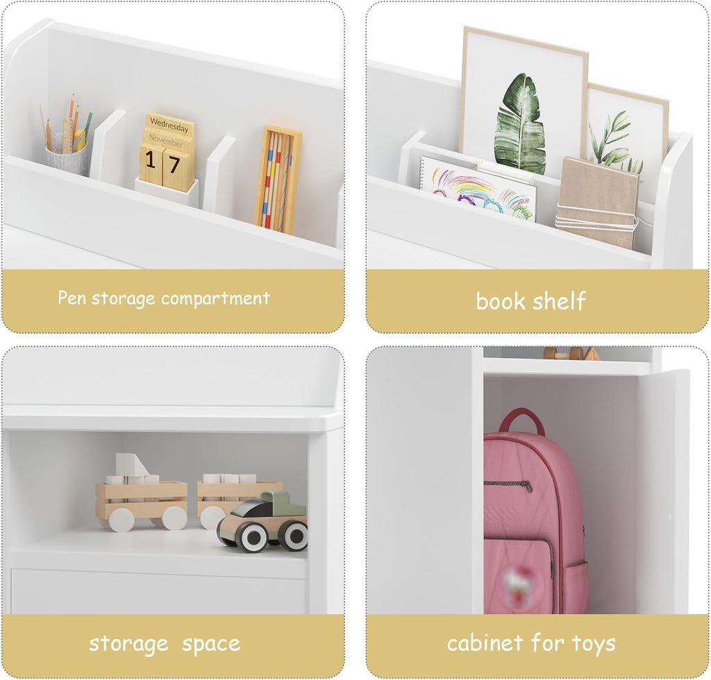 Kids Study Desk with Chair,Wooden Children Study Table, Kids Desk & Chair Sets with Hutch and Storage Cabinet for 3-12 Year Old, Student Writing Desk Computer Workstation for Kids Bedroom & Study Room