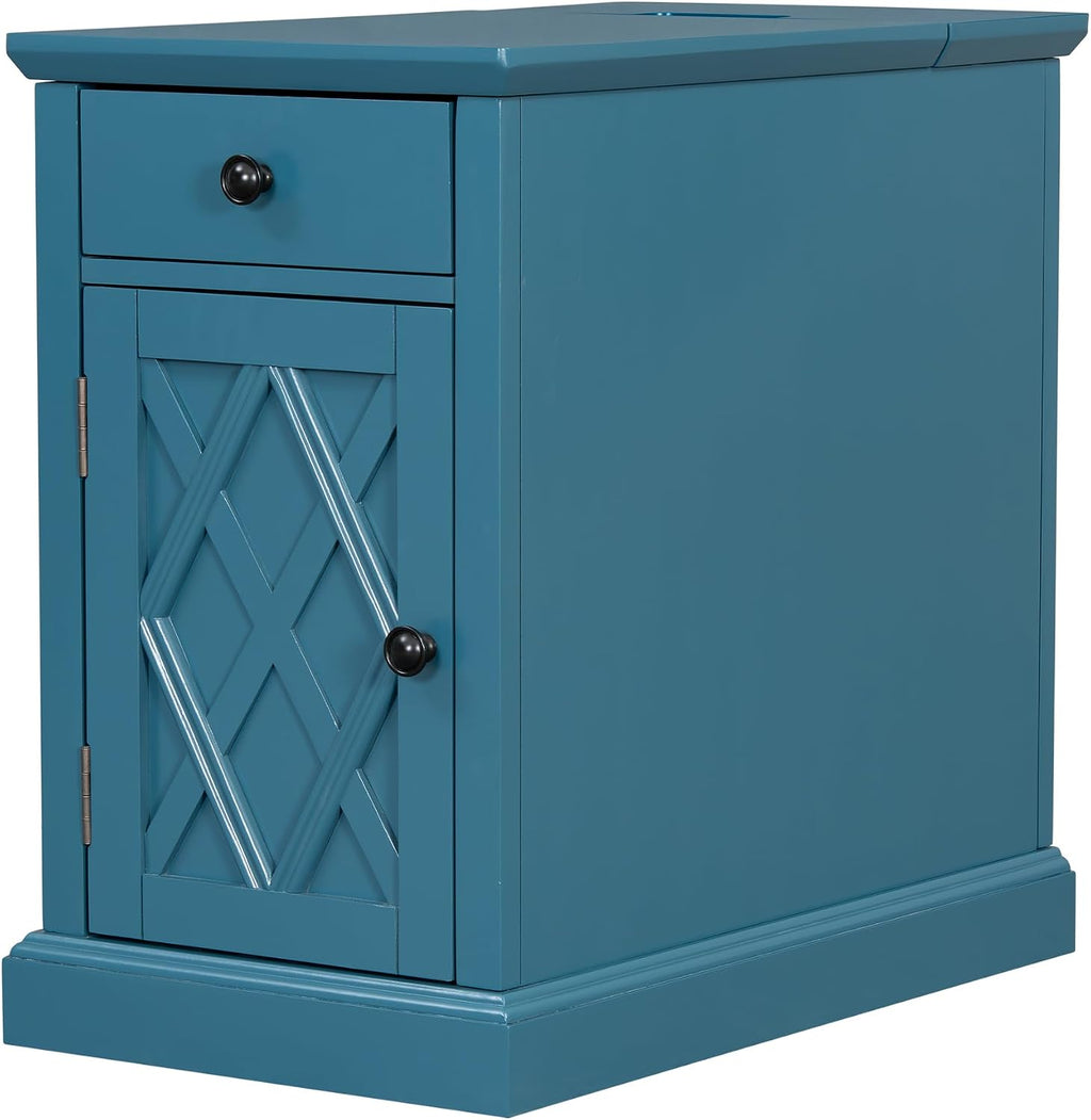 Polibi End Table with USB Ports and Storage, Bedside Table with Artistic Door Design,Drawer and Shelf, Accent Furniture for Small Spaces, Office, Living Room, Navy Blue