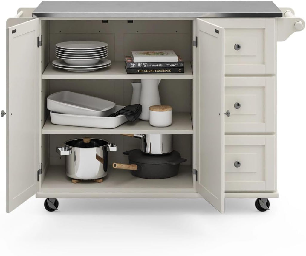 53.5" Kitchen Island Cart with Storage, Rolling Kitchen Cart on Wheels with Stainless Steel Top, Mobile Prep Station with Drawers, Cabinets, Adjustable Shelves & Towel Rack, Solid Wood, Off White