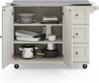 53.5" Kitchen Island Cart with Storage, Rolling Kitchen Cart on Wheels with Stainless Steel Top, Mobile Prep Station with Drawers, Cabinets, Adjustable Shelves & Towel Rack, Solid Wood, Off White