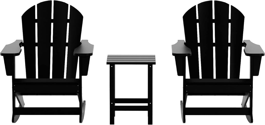 HDPE Laguna Outdoor Rocking Poly Adirondack Chair with Side Table 3-Piece Set, Black