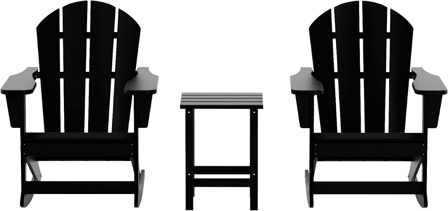 HDPE Laguna Outdoor Rocking Poly Adirondack Chair with Side Table 3-Piece Set, Black