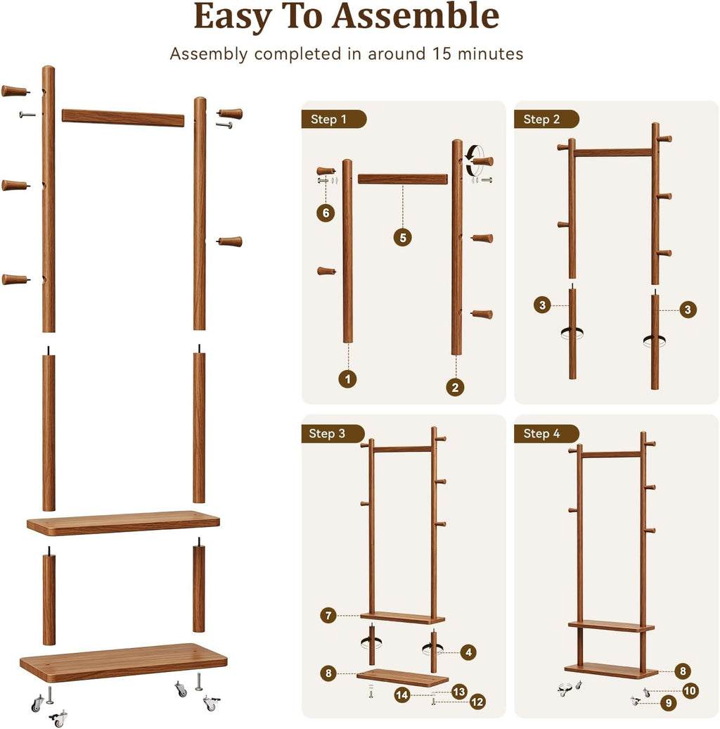 Taitiy Coat Rack Freestanding Solid Wood with Wheels 2 Shelves 5 Hooks | 100% solid rubberwood,hidden 360° silent wheels,2 tier shelves,5 hooks,small clothing rack,entryway bedroom living room