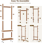 Taitiy Coat Rack Freestanding Solid Wood with Wheels 2 Shelves 5 Hooks | 100% solid rubberwood,hidden 360° silent wheels,2 tier shelves,5 hooks,small clothing rack,entryway bedroom living room