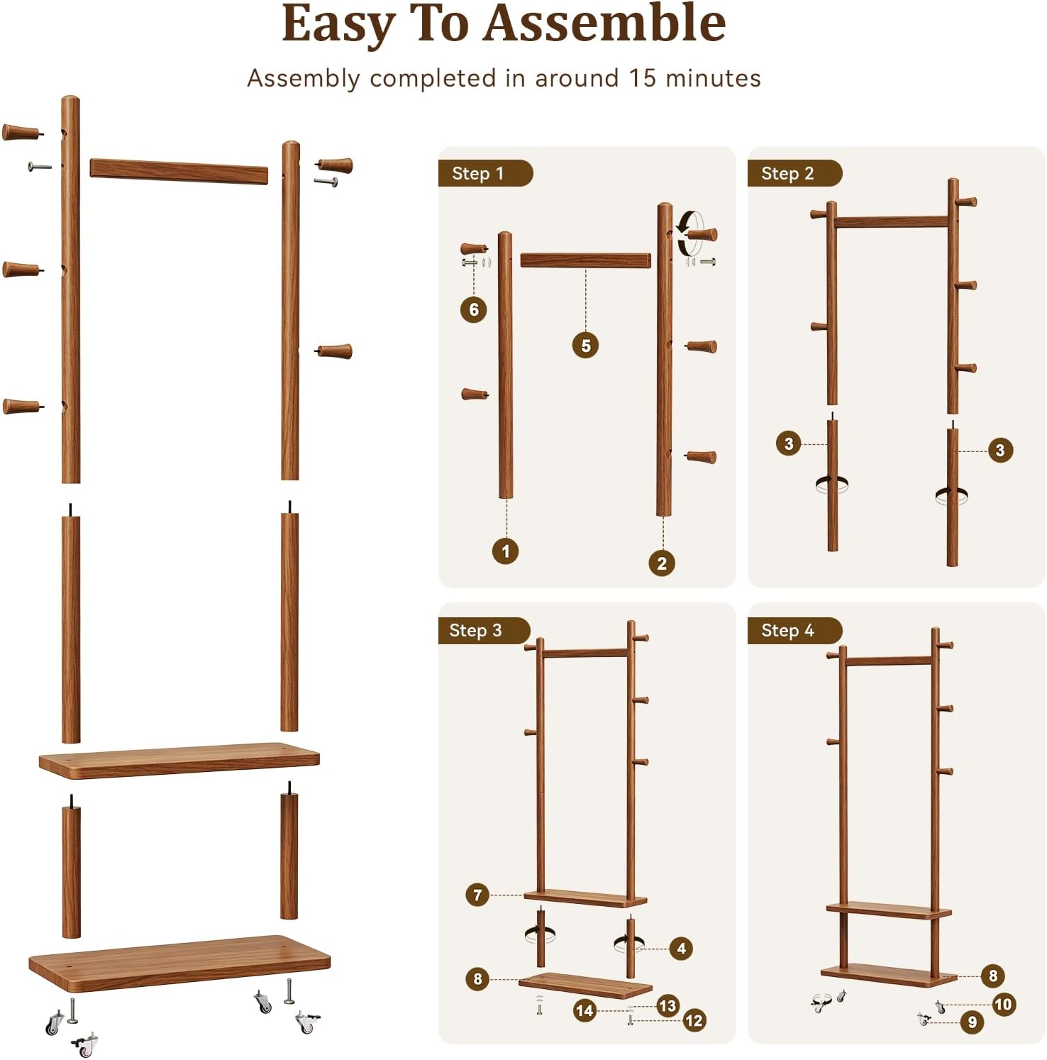 Taitiy Coat Rack Freestanding Solid Wood with Wheels 2 Shelves 5 Hooks | 100% solid rubberwood,hidden 360° silent wheels,2 tier shelves,5 hooks,small clothing rack,entryway bedroom living room