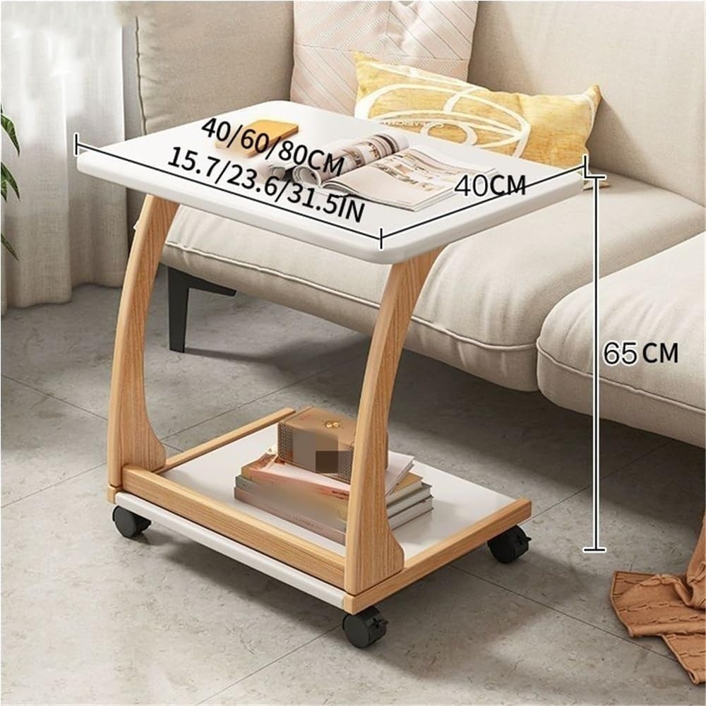 Mobile C-Shaped End Table with Wheels Wood Snack Table Rolling Sofa Side Table Slides Under Couch for Living Room Small Spaces Heavy Duty(Brown,80 cm)