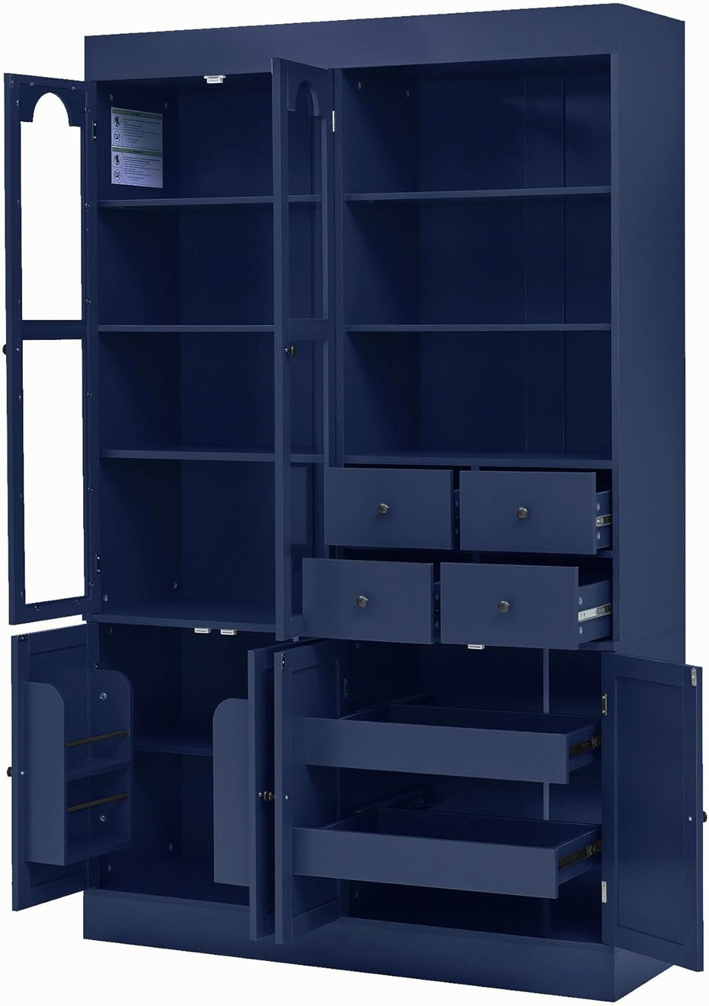 Merax 75" Tall Kitchen Pantry Storage Cabinet with Glass Door, Kitchen Hutch Cabinet with Open Shelves, Drawers, Pull-Out Trays and Door Shelves, Farmhouse Food Pantry for Living Room, Blue