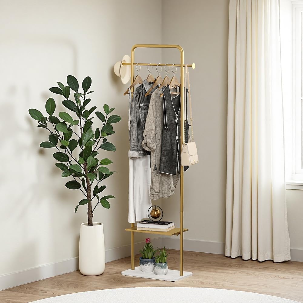 KaKaBB Gold Clothing Rack, Freestanding Coat Rack with Metal Shelves and Natural Marble Base, Small Clothes Stand Organizer for Bedroom, Entryway, Apartment (Gold, 19.7")
