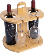 Bamboo Wine Rack with Glass Holder, Portable Small Wine Bottle Stand for 2 Bottles & 4 Glasses, Tabletop Countertop Storage for Bar, Kitchen, Gift for Wine Lovers